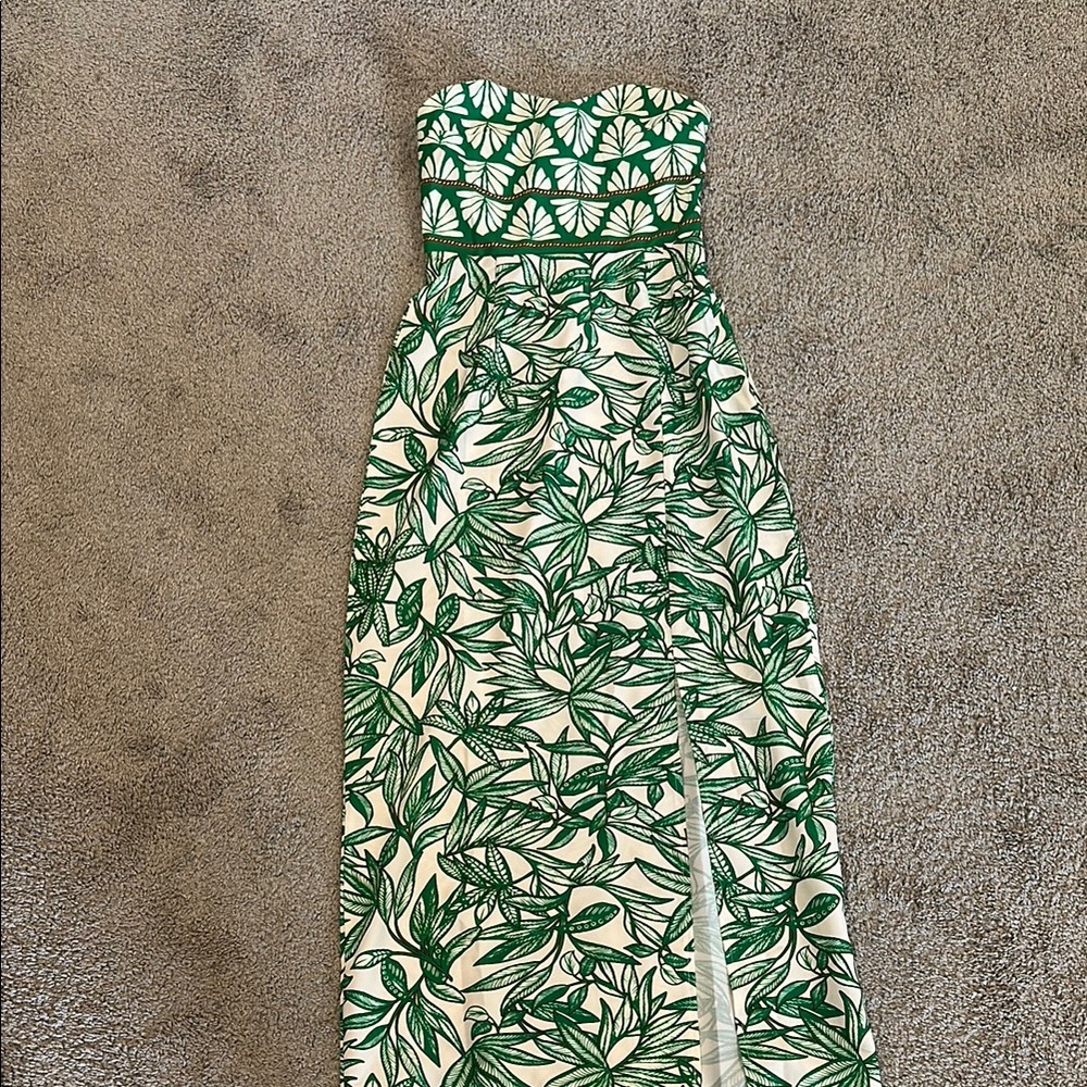 Elegant Green Leaf Print Strapless Dress